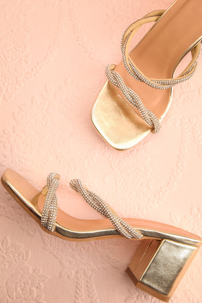 Prairie Gold Strappy Mid Heel Sandals w/ Crystals | Boutique 1861 flat view