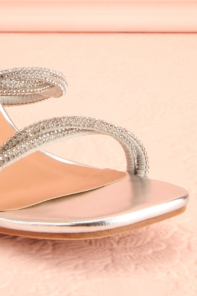 Prairie Silver Strappy Mid Heel Sandals w/ Crystals | Boutique 1861 front close-up