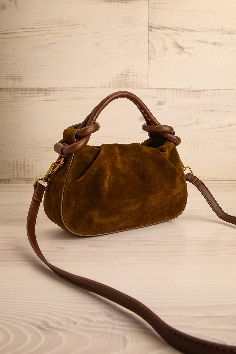 Pression Brown Faux Suede Handbag | La petite garçonne strap view