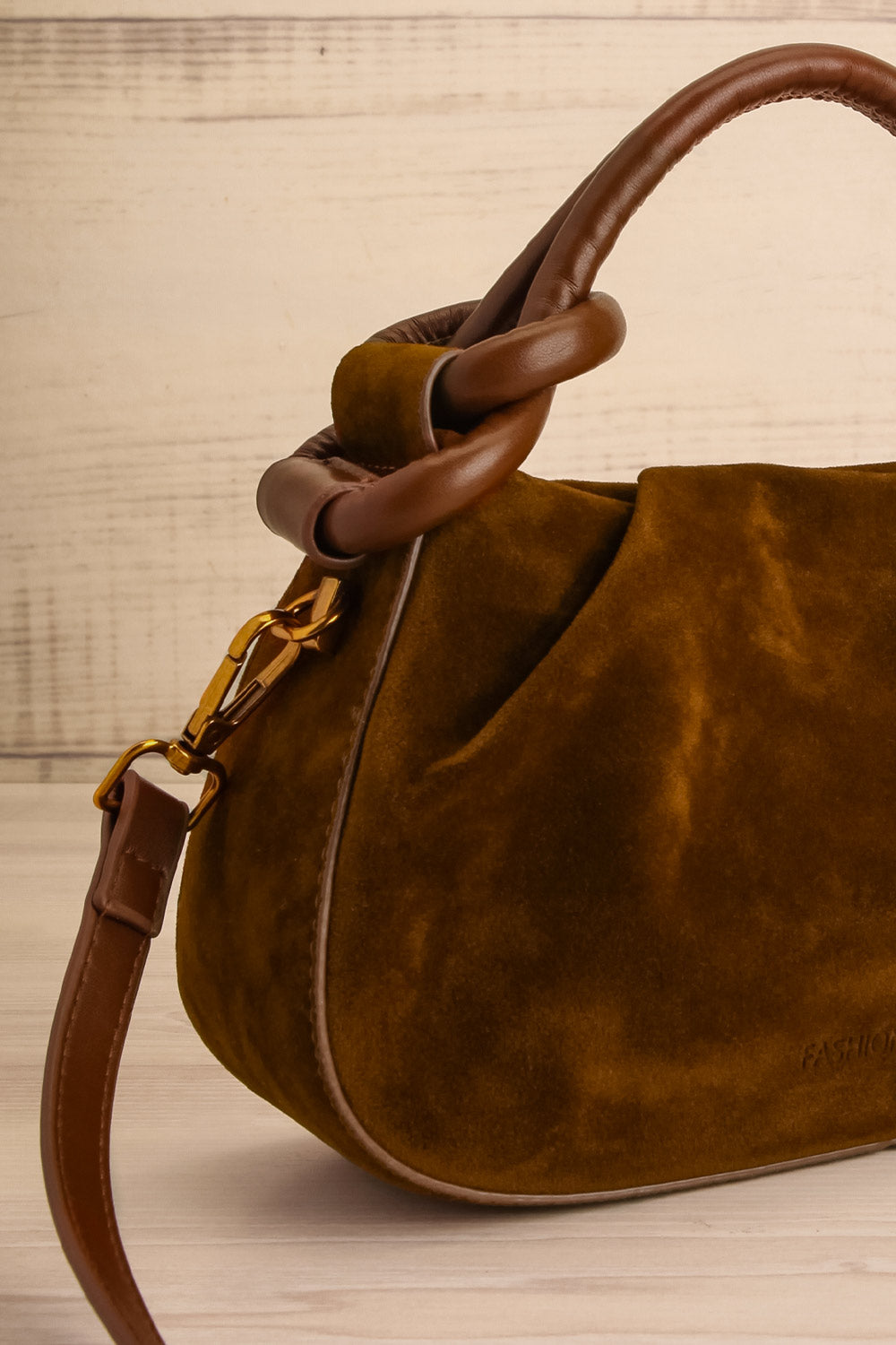 Pression Brown Faux Suede Handbag | La petite garçonne close-up