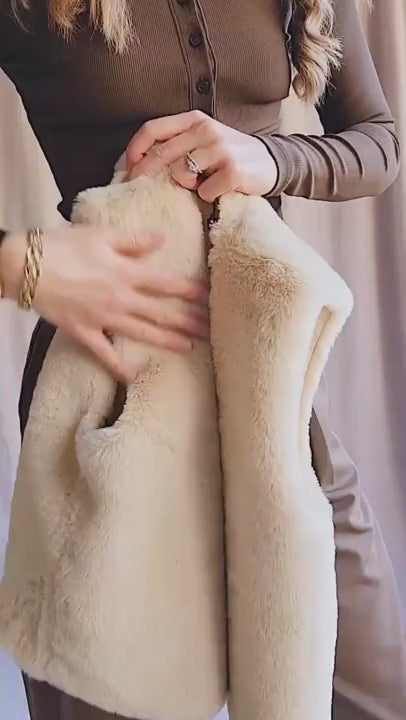 Video of someone wearing Guadaira Beige Faux Fur Sleeveless Vest from La petite garçonne