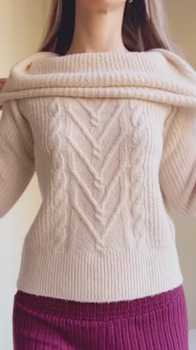 Video of a woman wearing Merewyn Beige Knitted Off-Shoulder Top from La petite garçonne