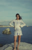 Video of a woman wearing Sharon Short White Dress with Contrast Print | Boutique 1861 front