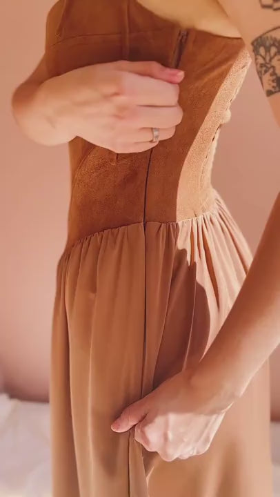 Esma Caramel Faux Suede Corset Dress | Boutique 1861