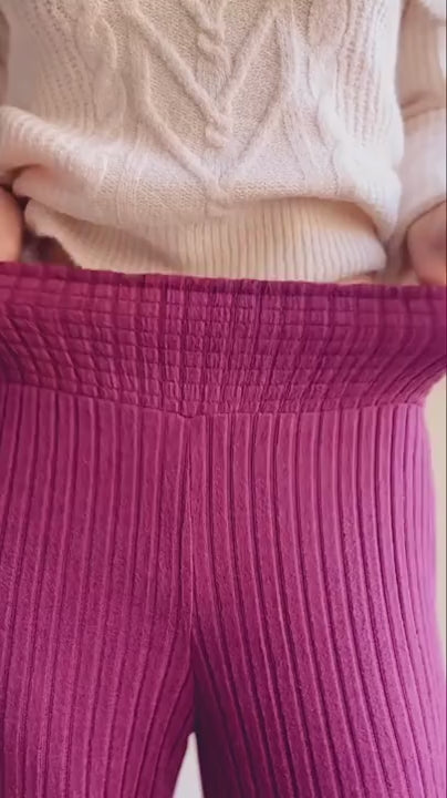 Video of a woman wearing Ravyn Beige Soft Ribbed Knit Pants from La petite garçonne 