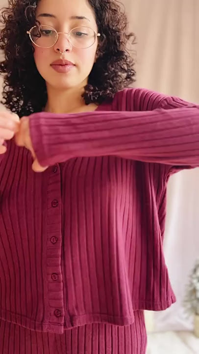 video of a Woman wearing Ravyn Burgundy Soft Ribbed Knit Pants from La petite garçonne 