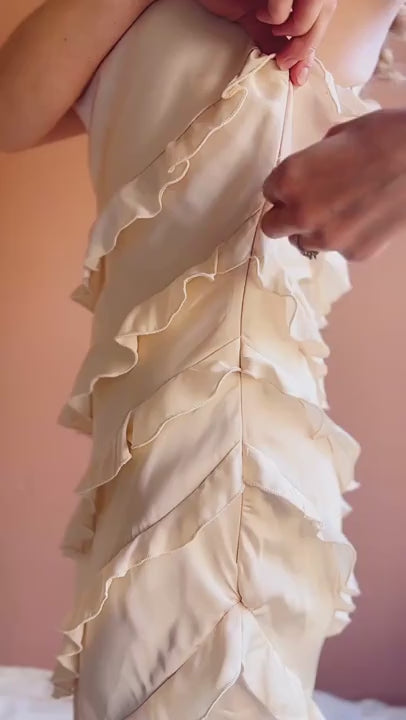 video of a woman wearing Marieme Beige Satin Dress from Boutique 1861