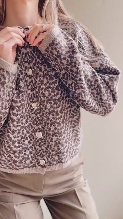 video Woman wearing Esenler Oversized Knitted Leopard Cardigan from La petite garçonne 