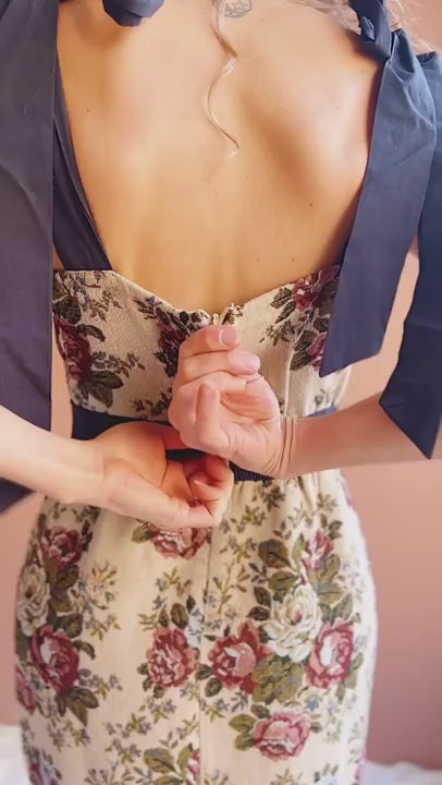 video of a woman wearing Lonnie | Long Jacquard Dress with Tie Straps from boutique 1861