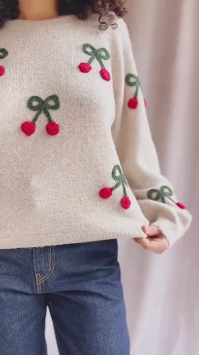 Video Person wearing Omaha Beige Sweater with Knitted Cherries from La petite garçonne 