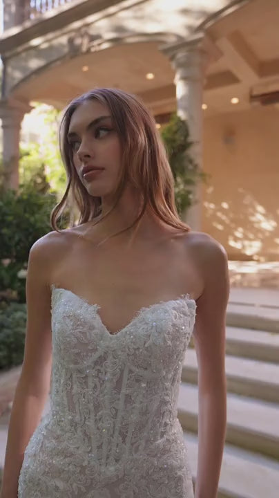 Video of a Woman wearing Maelie, a strapless lace wedding dress with corset from Boudoir 1861