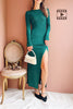 Video of a model wearing the Nogent  Green Long-Sleeved Dress with Slit from Boutique 1861
