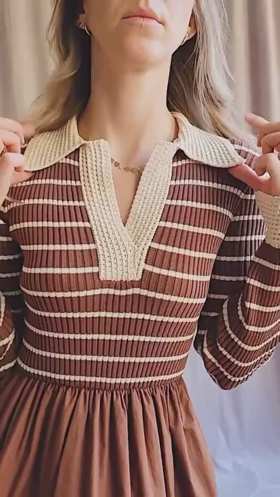video of a person wearing Cayce Long Brown Striped Knit Dress from La petite garçonne