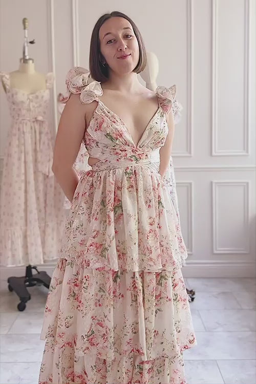 Melantha | Long Beige Floral Dress w/ Ruffled Straps |  Boutique 1861 video