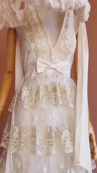 video of Demera Tiered Embroidered Tulle Maxi Dress | Boudoir 1861 side model