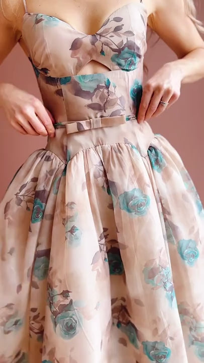 Video of Woman wearing Helenia Long Floral Dress with Sweetheart Neckline from Boutique 1861 