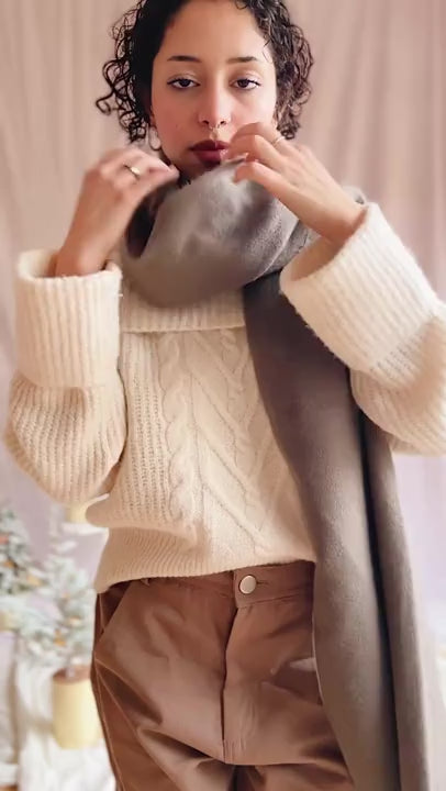 video of a woman wearing Minet Taupe Fuzzy Knit Scarf from La petite garçonne 