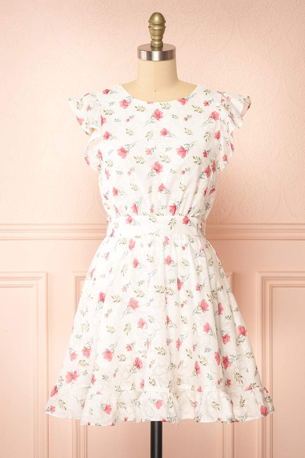 Prunne Short White Floral Dress w/ Open Back | Boutique 1861 front view
