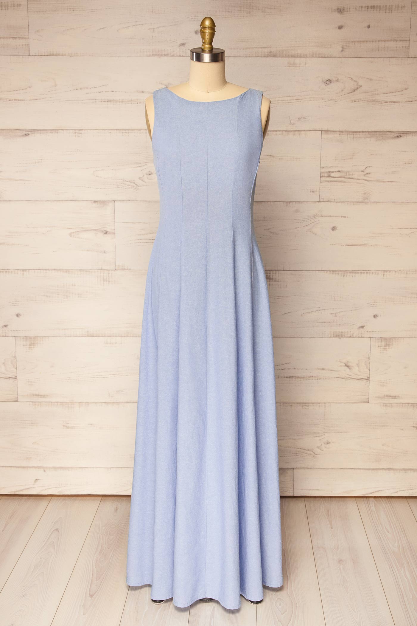 Frontview Puebla Light Blue Sleeveless Boat Neck Maxi Dress at la petite garçonne