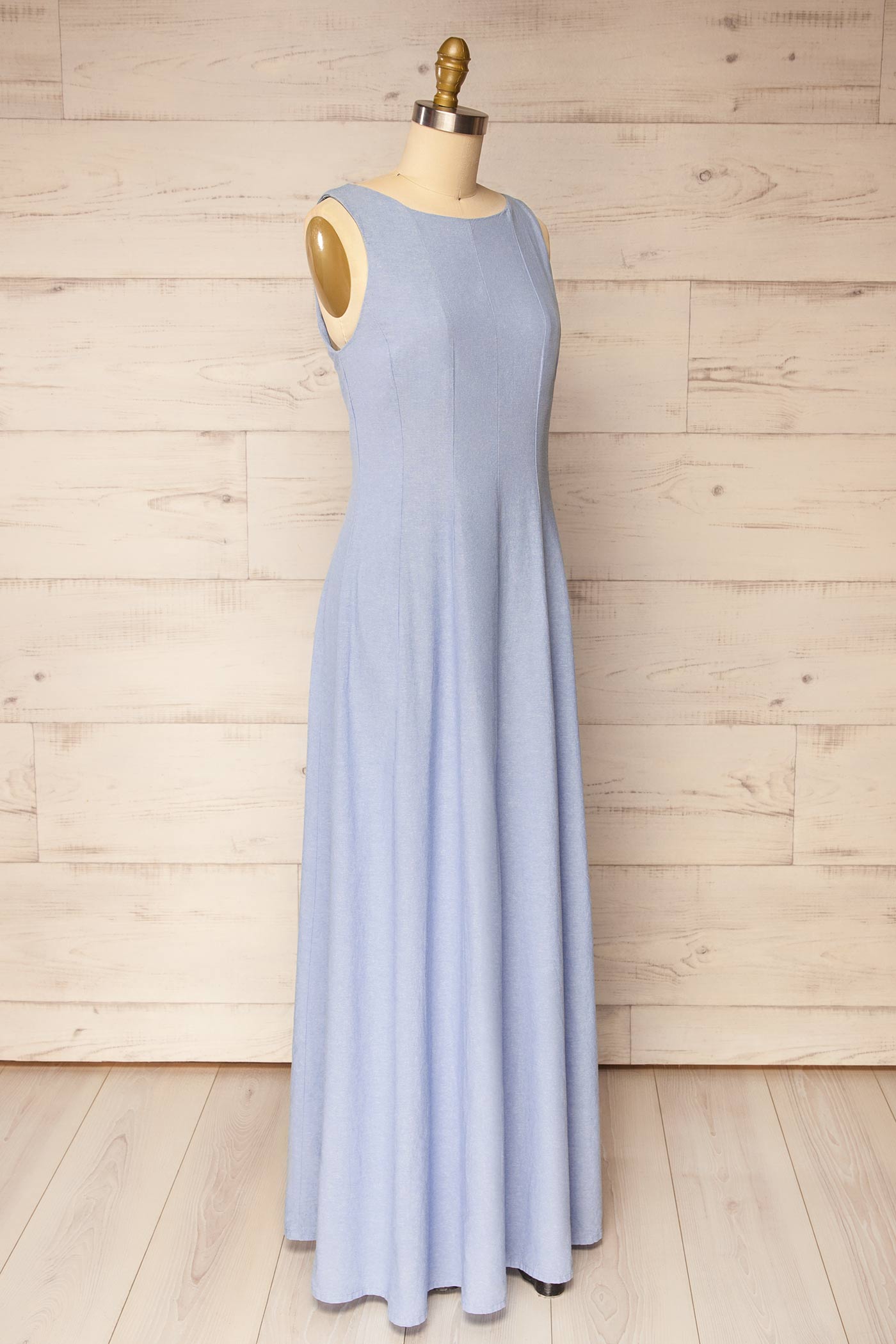 Sideview Puebla Light Blue Sleeveless Boat Neck Maxi Dress at la petite garçonne