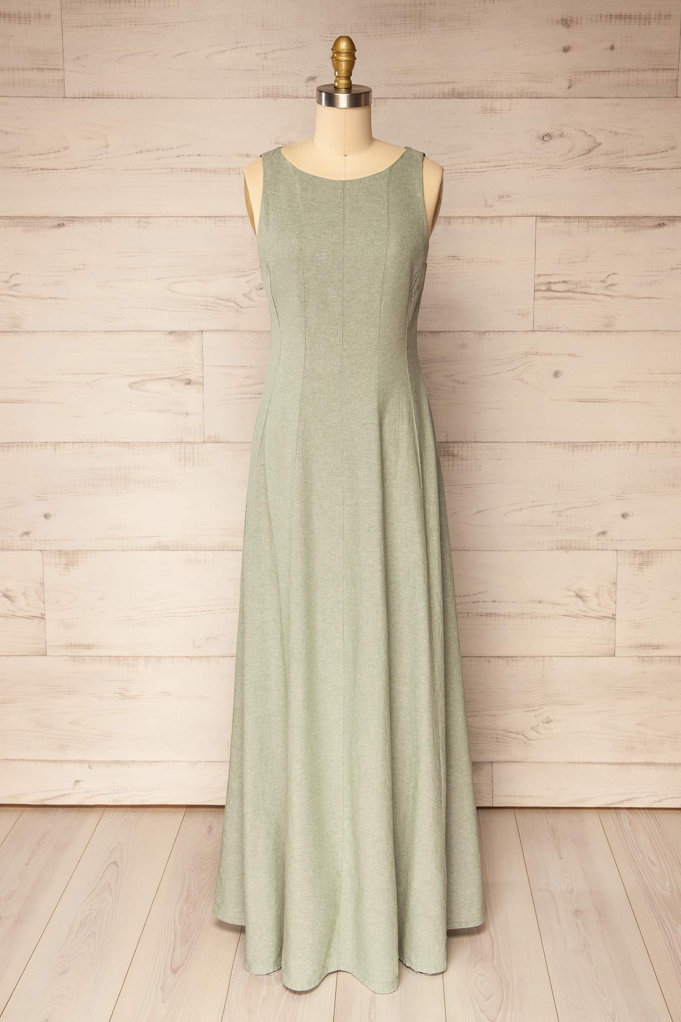 Puebla Sage Sleeveless Boat Neck Maxi Dress | La petite garçonne front