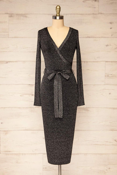 Punata Black & Silver Ribbed Knit Midi Dress | La petite garçonne front view