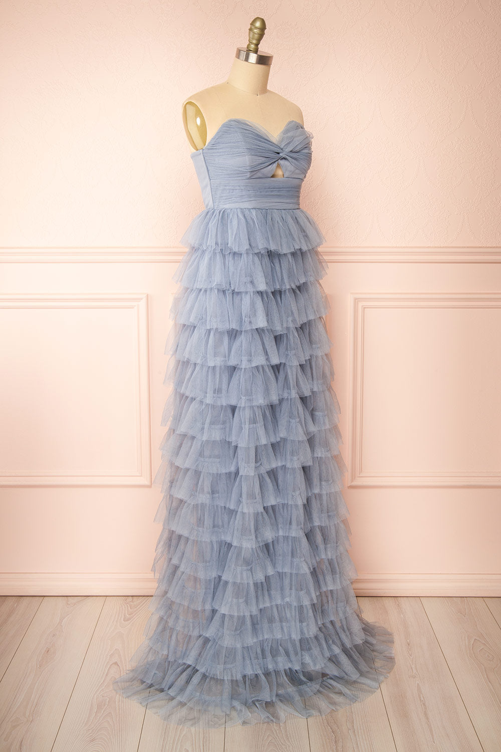 Qila Blue Strapless Tulle Ruffled Dress | Boutique 1861  side view