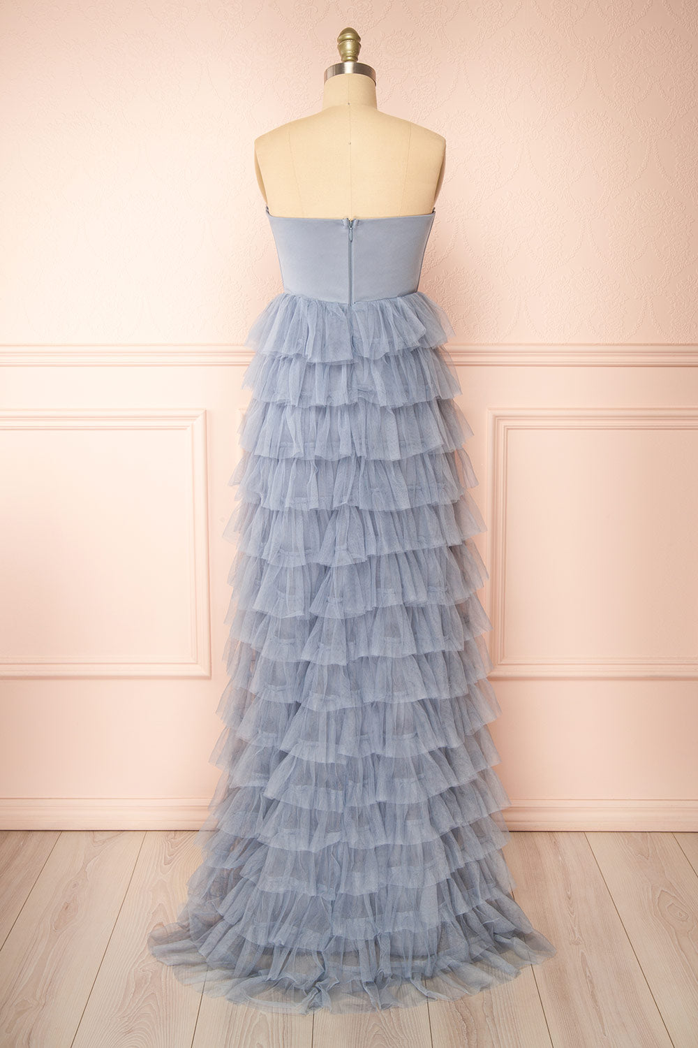 Qila Blue Strapless Tulle Ruffled Dress | Boutique 1861  back view