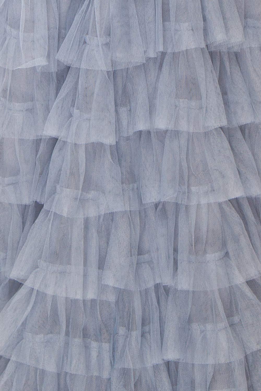 Qila Blue Strapless Tulle Ruffled Dress | Boutique 1861  fabric 