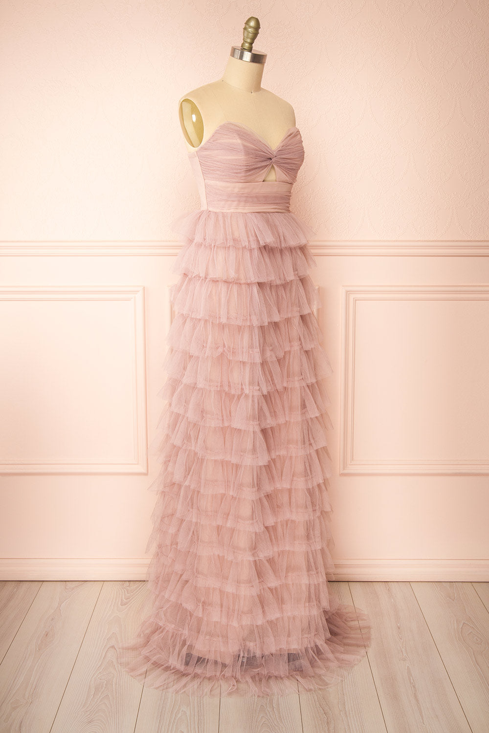 Qila Mauve Strapless Tulle Ruffled Dress | Boutique 1861 side view