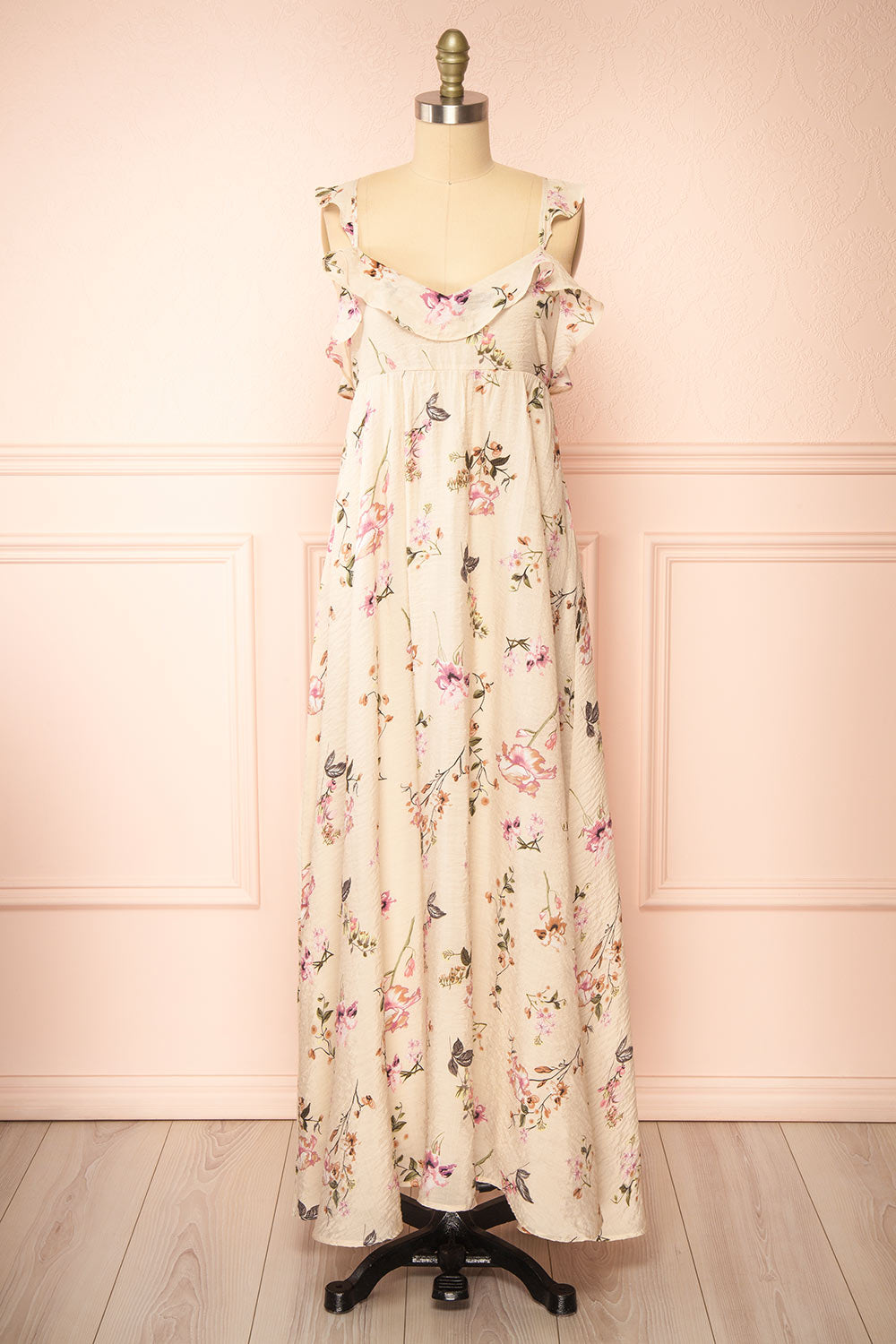 Queenie Beige Floral Maxi Dress w/ Ruffled Straps | Boutique 1861 front view