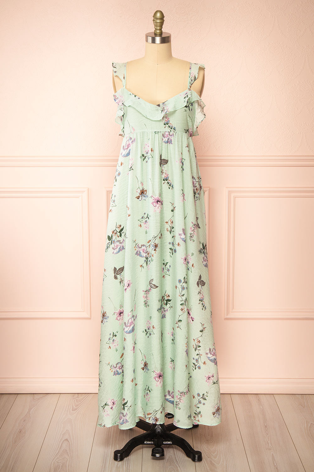 Queenie Green Floral Maxi Dress w/ Ruffled Straps | Boutique 1861 front view