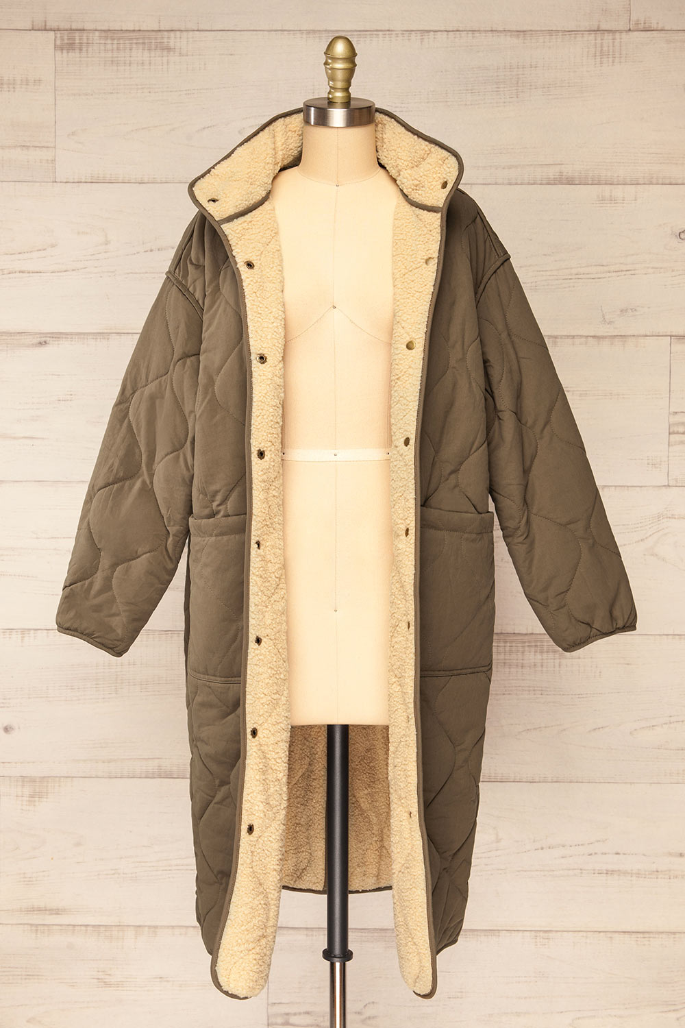 Quelimane Long Quilted Khaki Coat | La petite garçonne open view