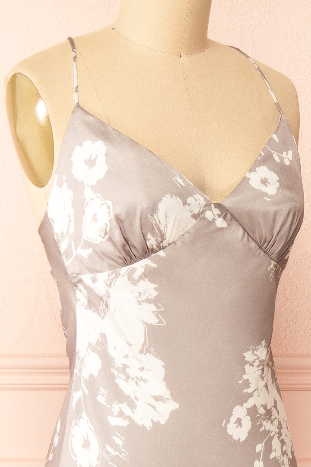 Quovadine Floral Satin Dress w/ Open-Back | Boutique 1861 side close-up