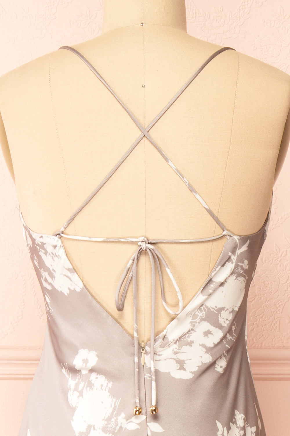 Quovadine Floral Satin Dress w/ Open-Back | Boutique 1861 back close-up