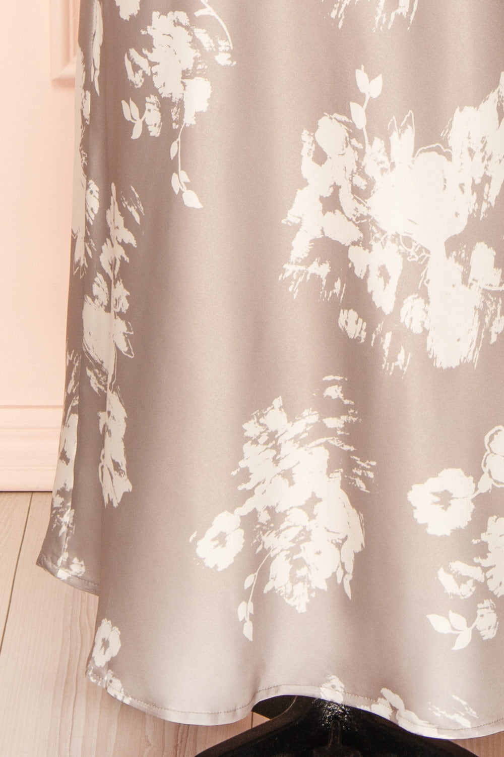 Quovadine Floral Satin Dress w/ Open-Back | Boutique 1861 bottom close-up