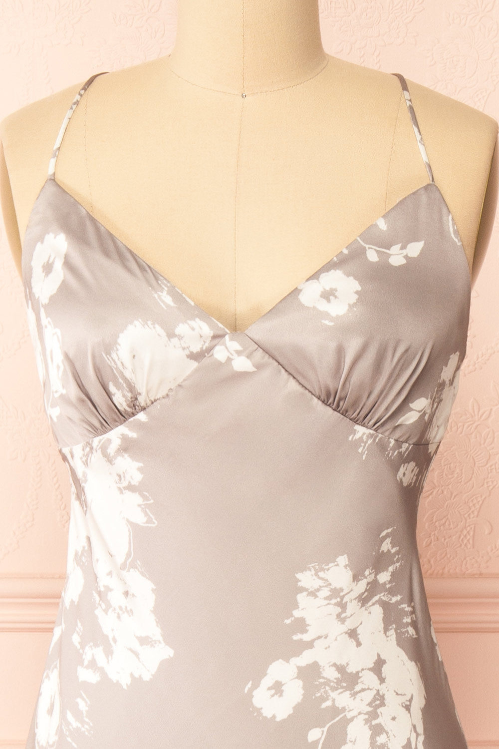 Quovadine Floral Satin Dress w/ Open-Back | Boutique 1861 front close-up