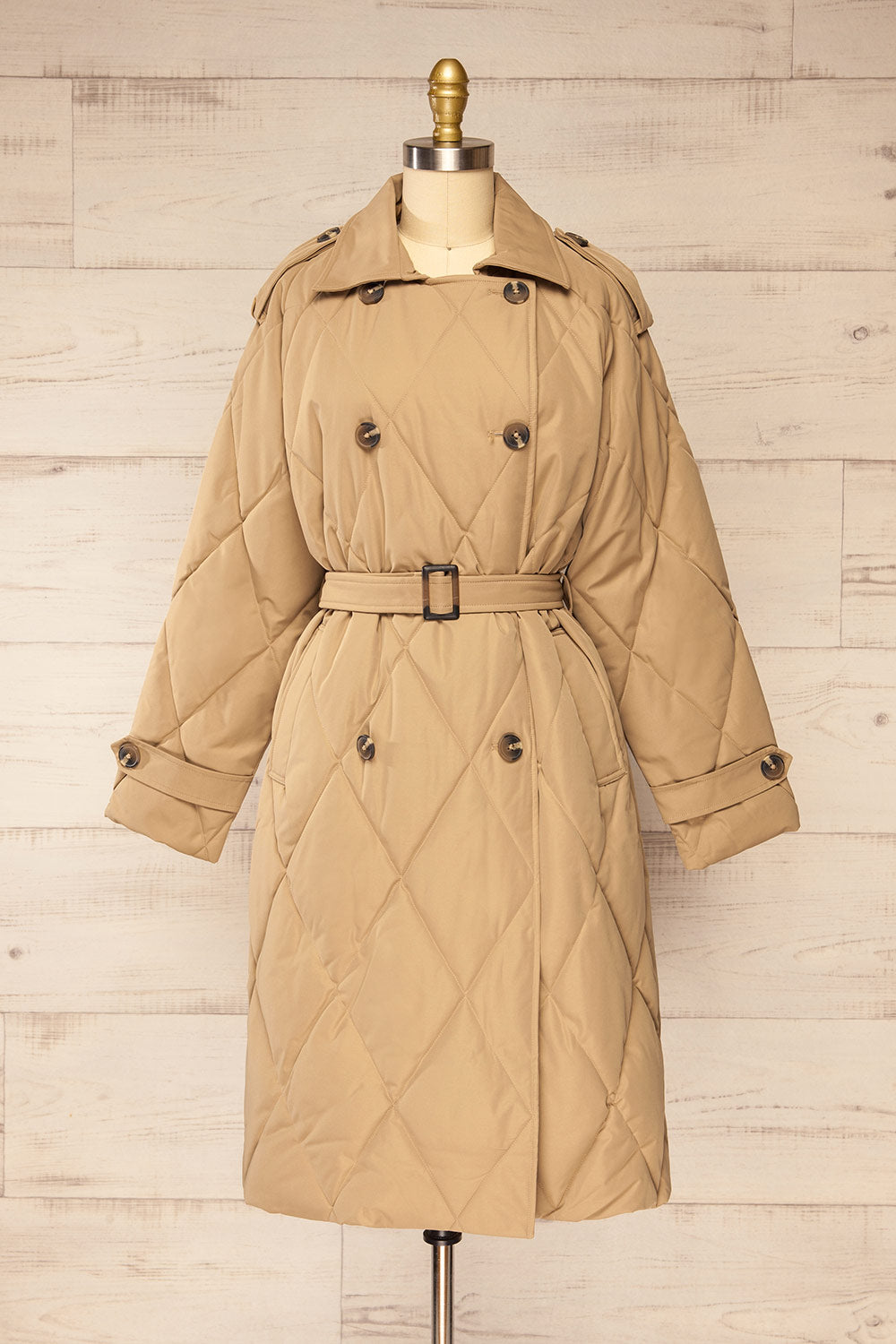 Racono Beige Quilted Trench Coat | La petite garçonne front view