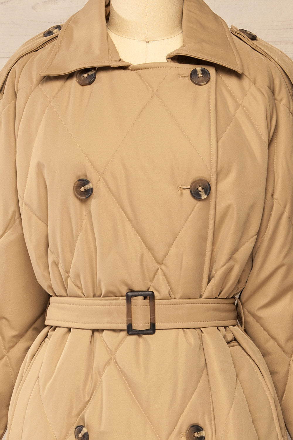 Racono Beige Quilted Trench Coat | La petite garçonne front