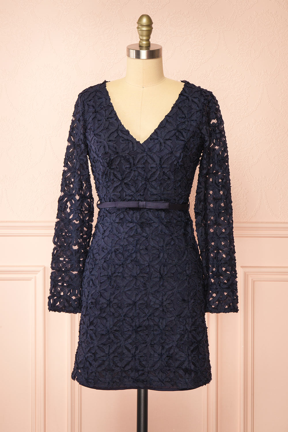 Rafaelle Short Navy 3D Mesh Lace Dress | Boutique 1861 front view