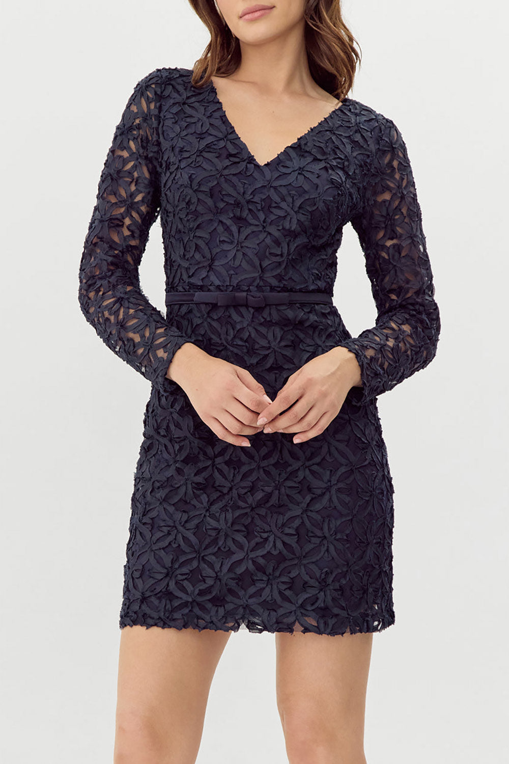 Rafaelle Short Navy 3D Mesh Lace Dress | Boutique 1861 on model