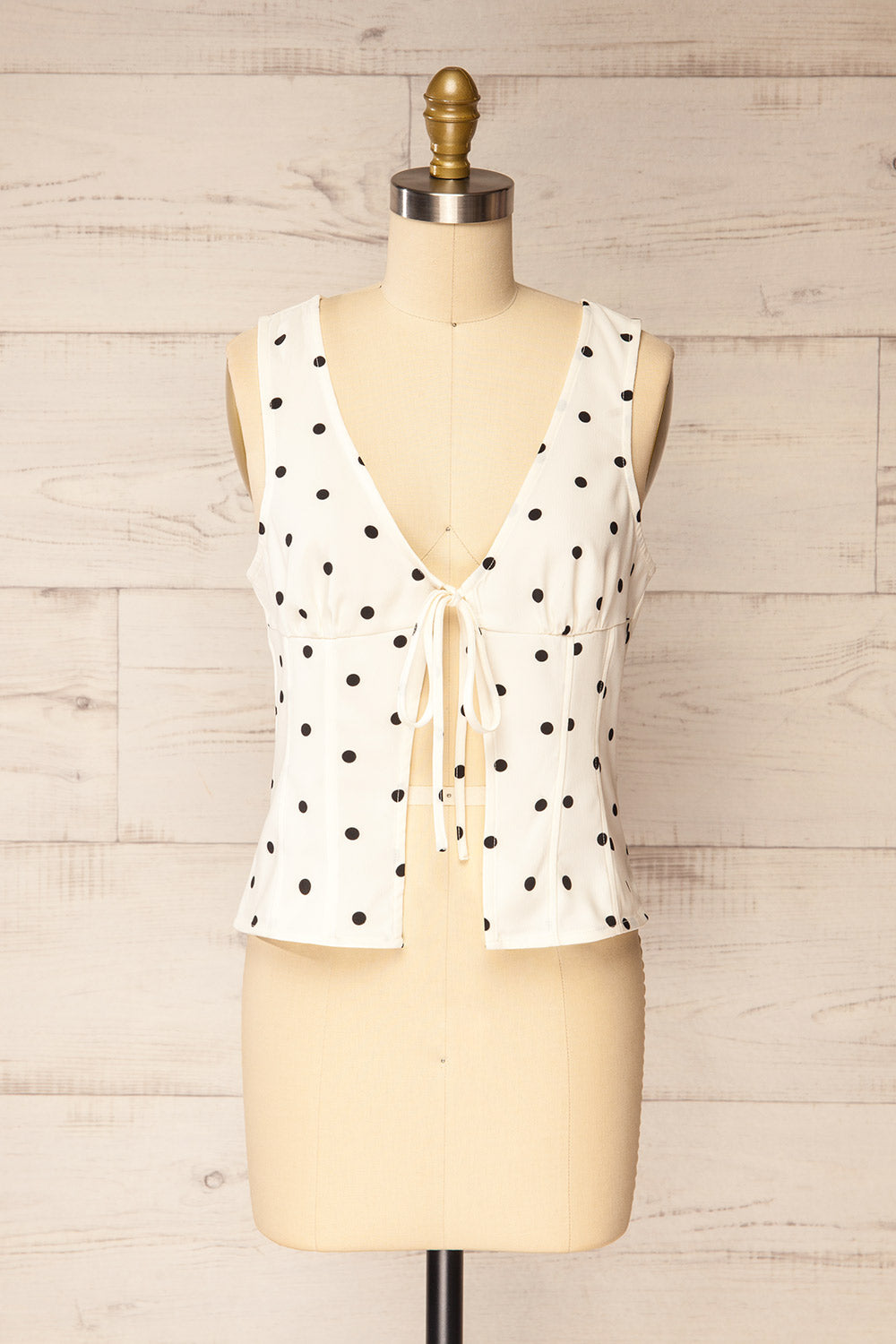 Raisen Polka Dot Sleeveless White Top with Front Tie | La petite garçonne front view