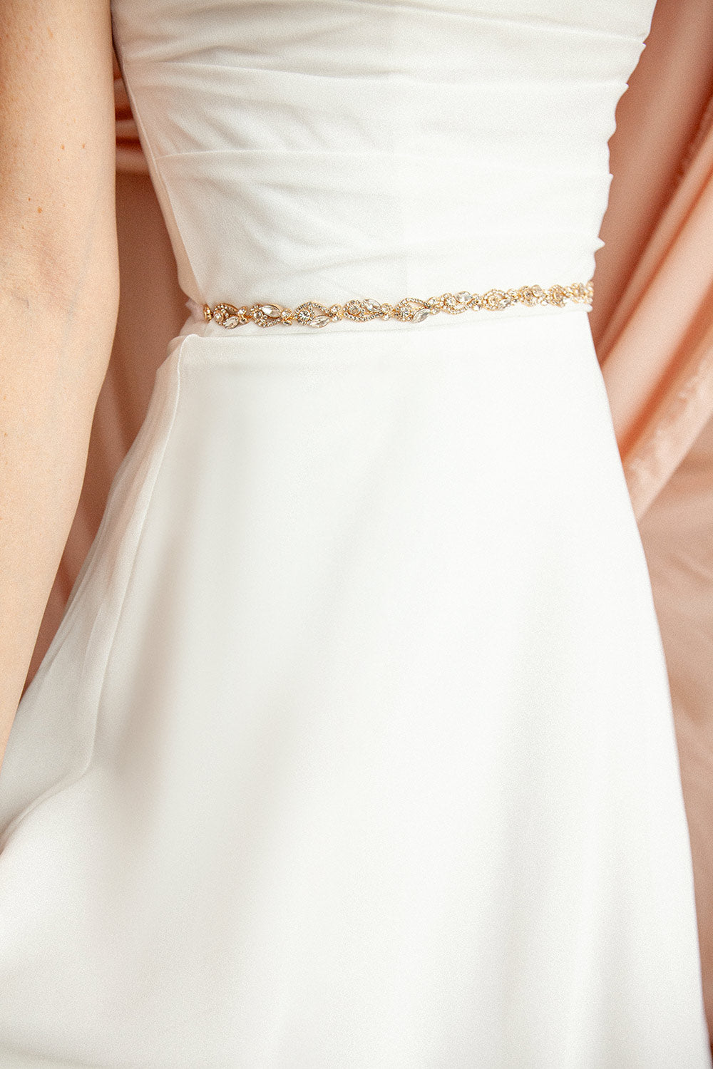 woman wearing Rajni Gold Crysta Ribbon Belt from Boudoir 1861 