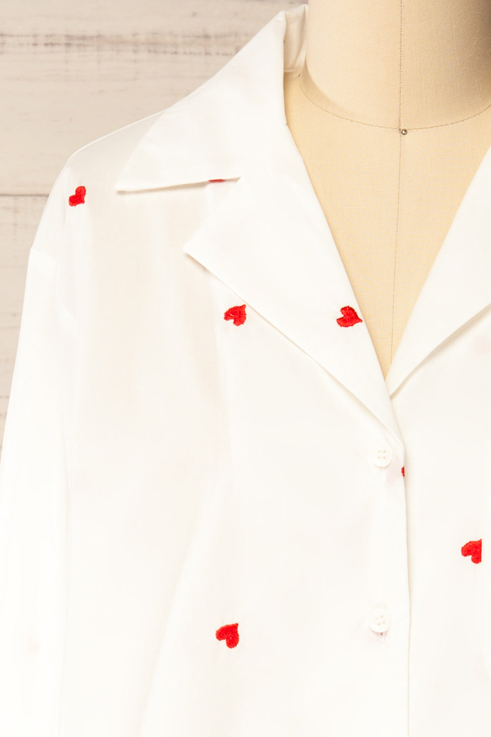 Rajouri White Button-Up Blouse with Red Heart Embroidery | La petite garçonne front