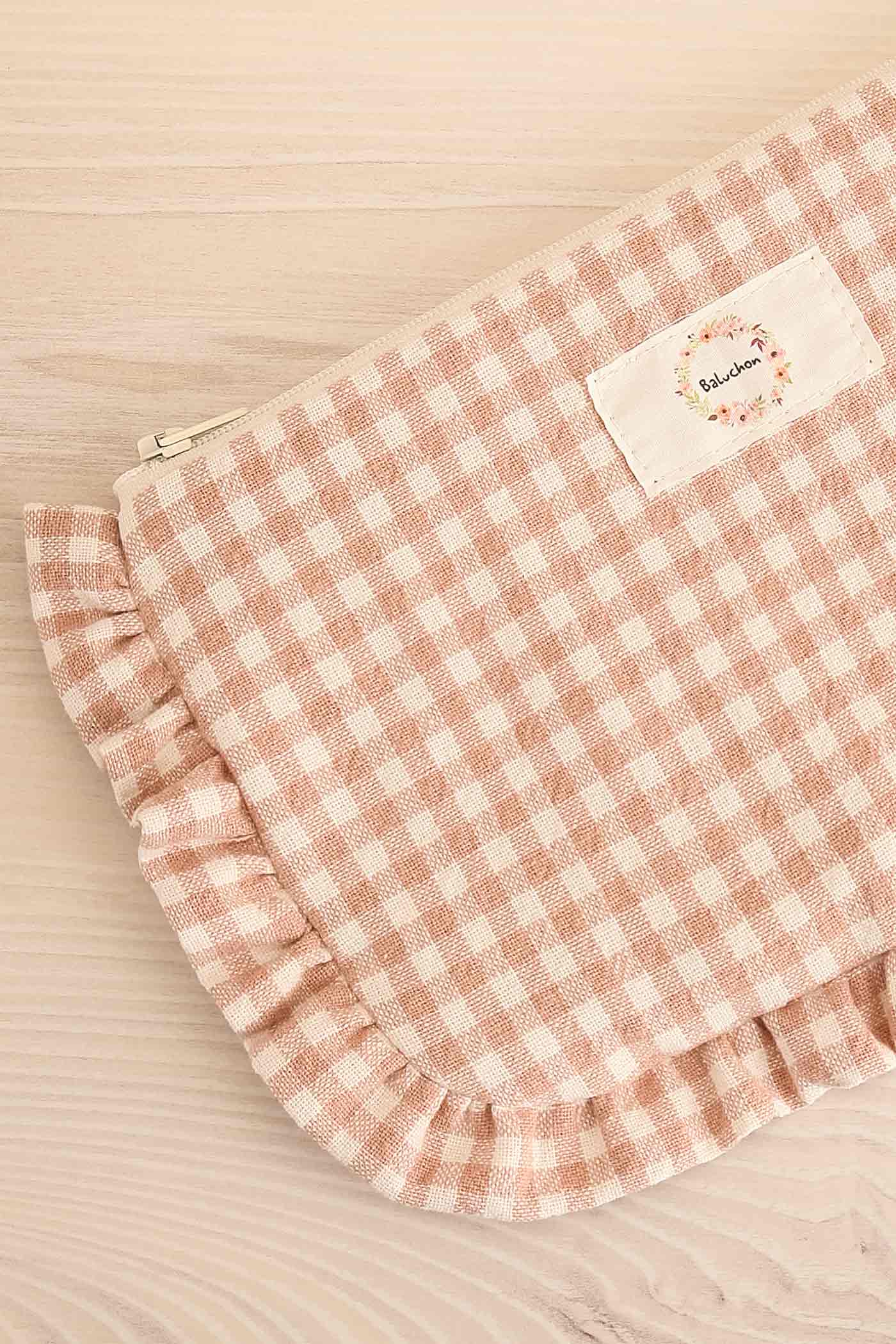Rakau Pink Gingham Ruffled Cosmetic Bag | Maison garçonne close-up