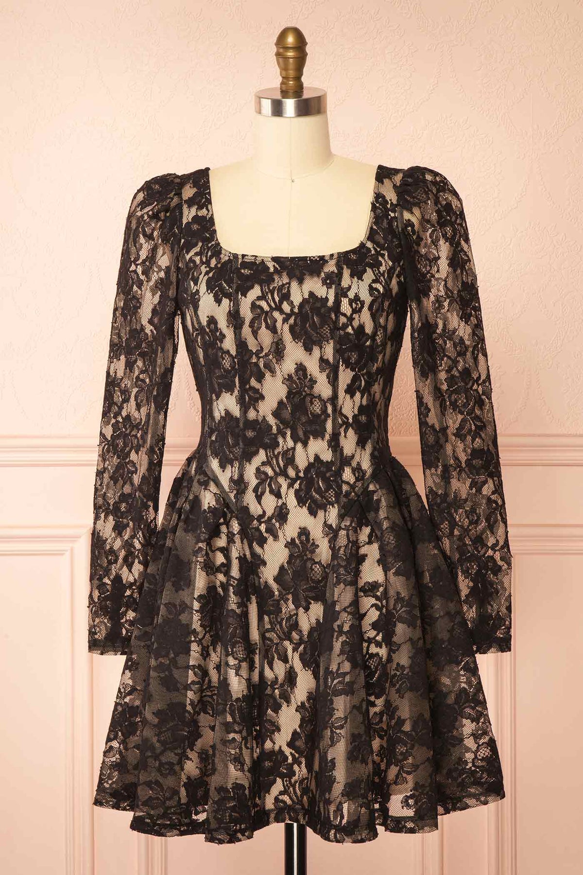 front view of Ralline Black Floral Lace Short Dress at Boutique 1861 