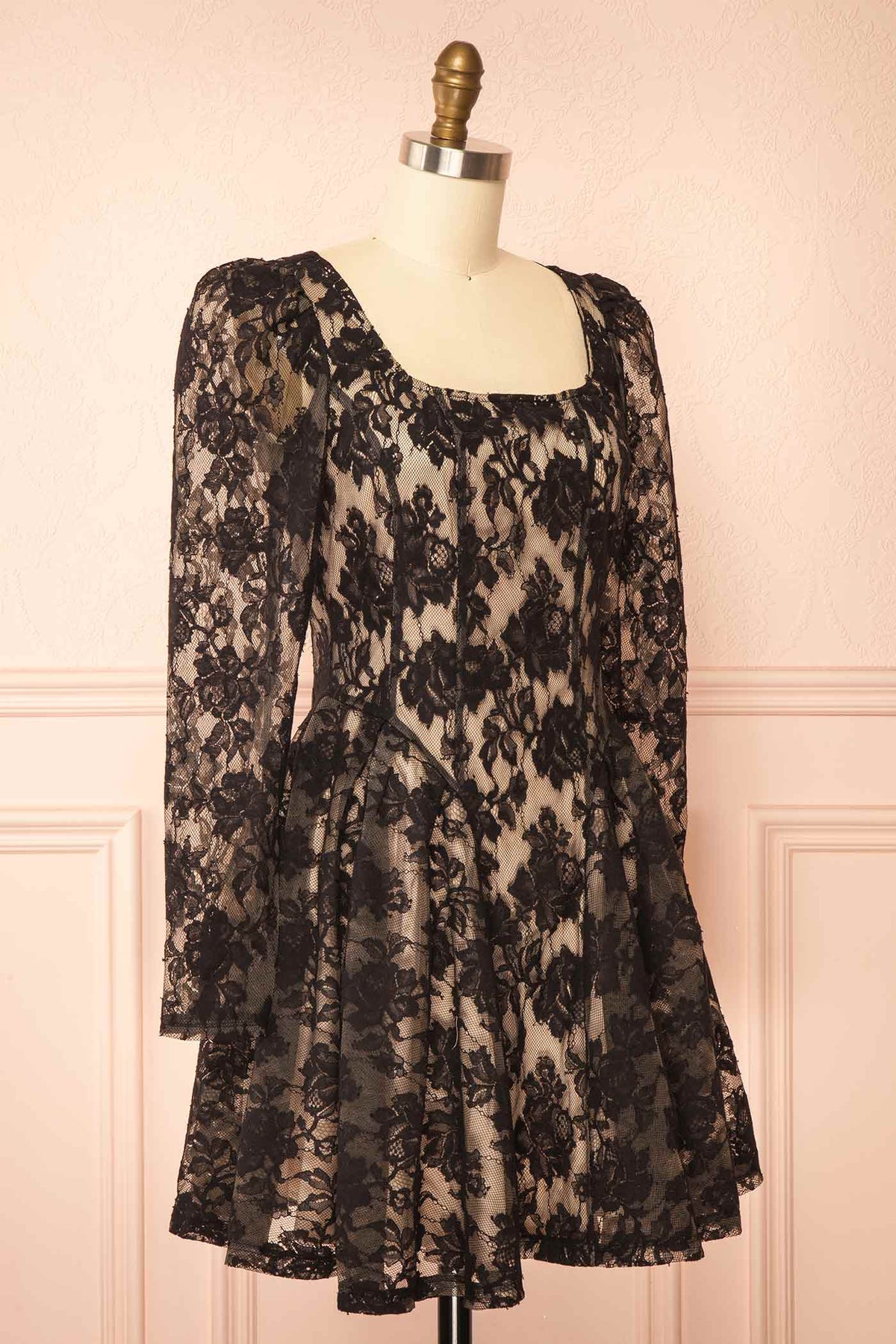 side view of Ralline Black Floral Lace Short Dress at Boutique 1861 