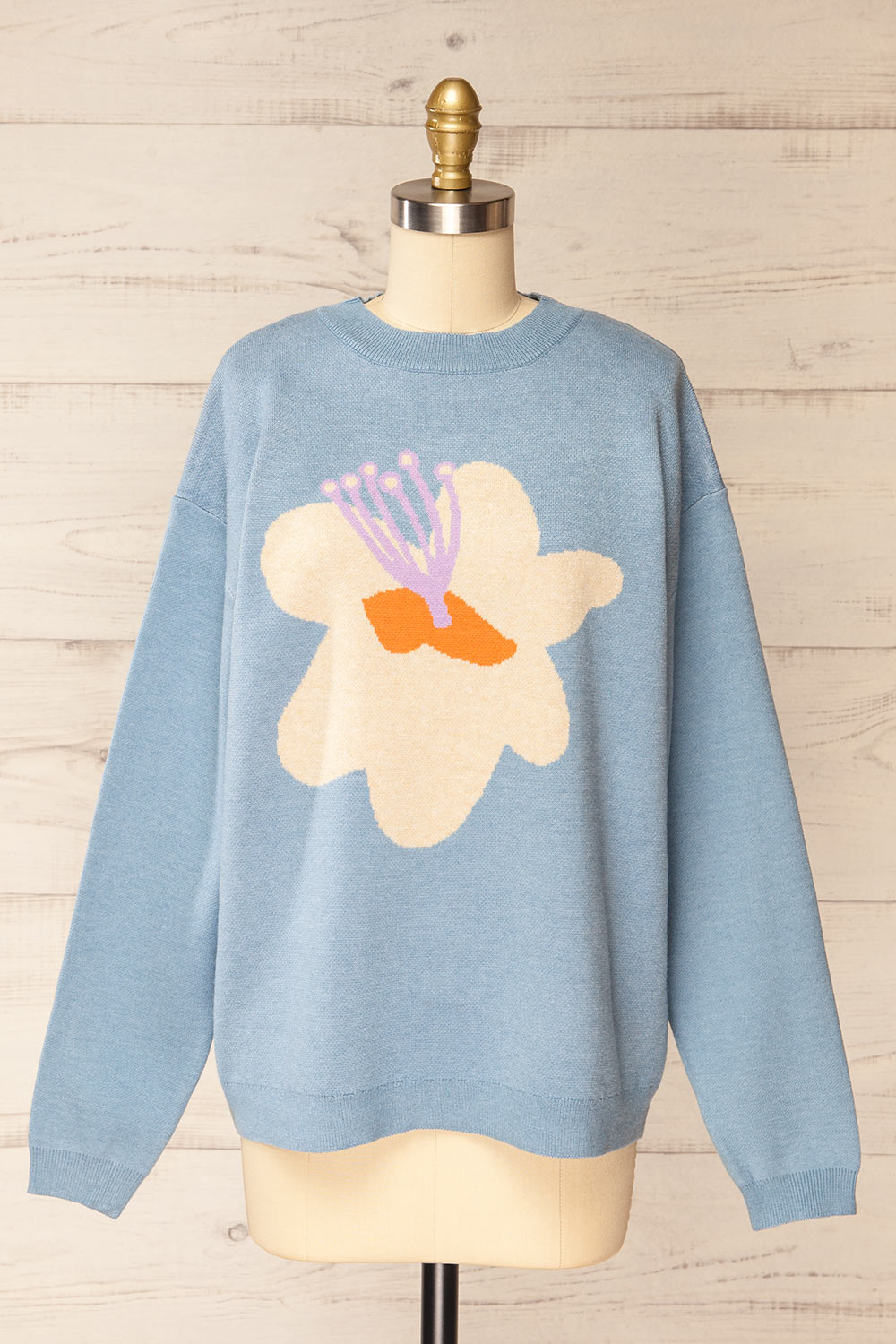 Rambouillet Bleu Knit Crewneck w/ Flower Detail | La petite garçonne front view