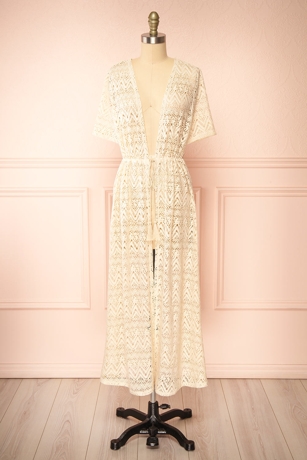 Ramira Beige Long Crochet Kimono w/ Short Sleeves | Boutique 1861 front view