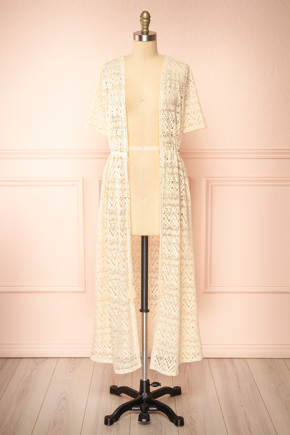 Ramira Beige Long Crochet Kimono w/ Short Sleeves | Boutique 1861 open view